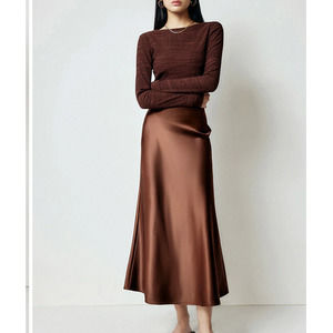 Commense Caramel Satin Flowy Maxi Skirt Closet Staple Neutral Versatile